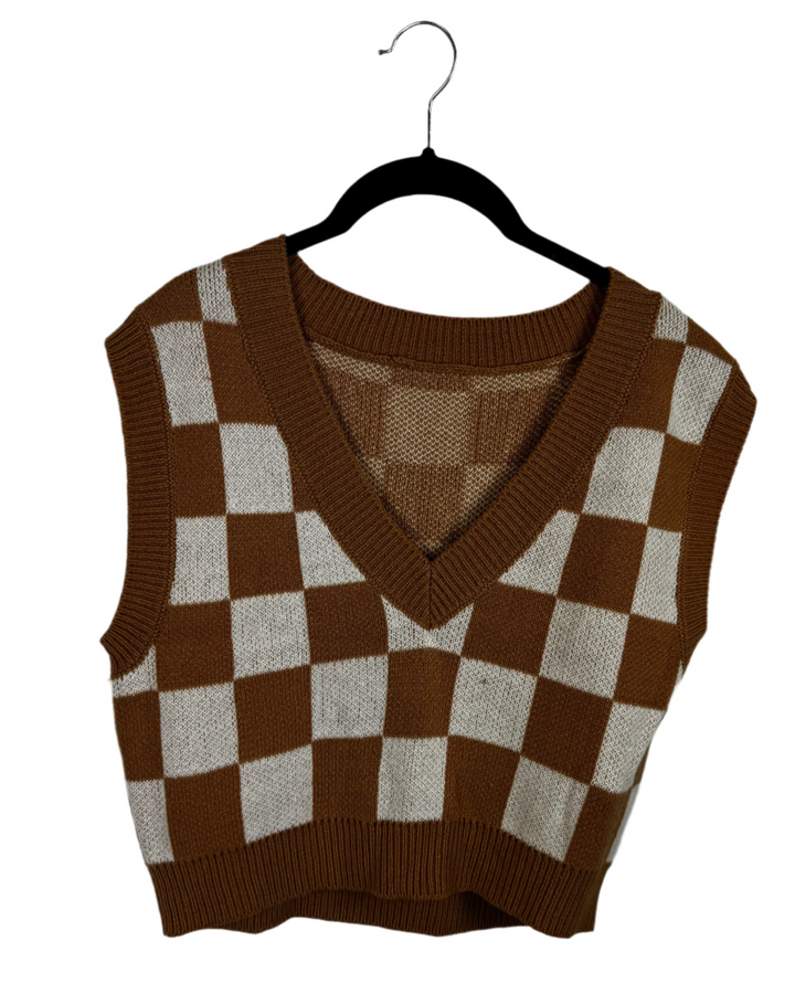 Tan Checkerboard Cropped Sweater Vest- Small