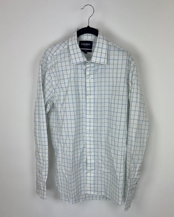 MENS Green and Blue Plaid Long Sleeve Shirt - Slim Fit Medium