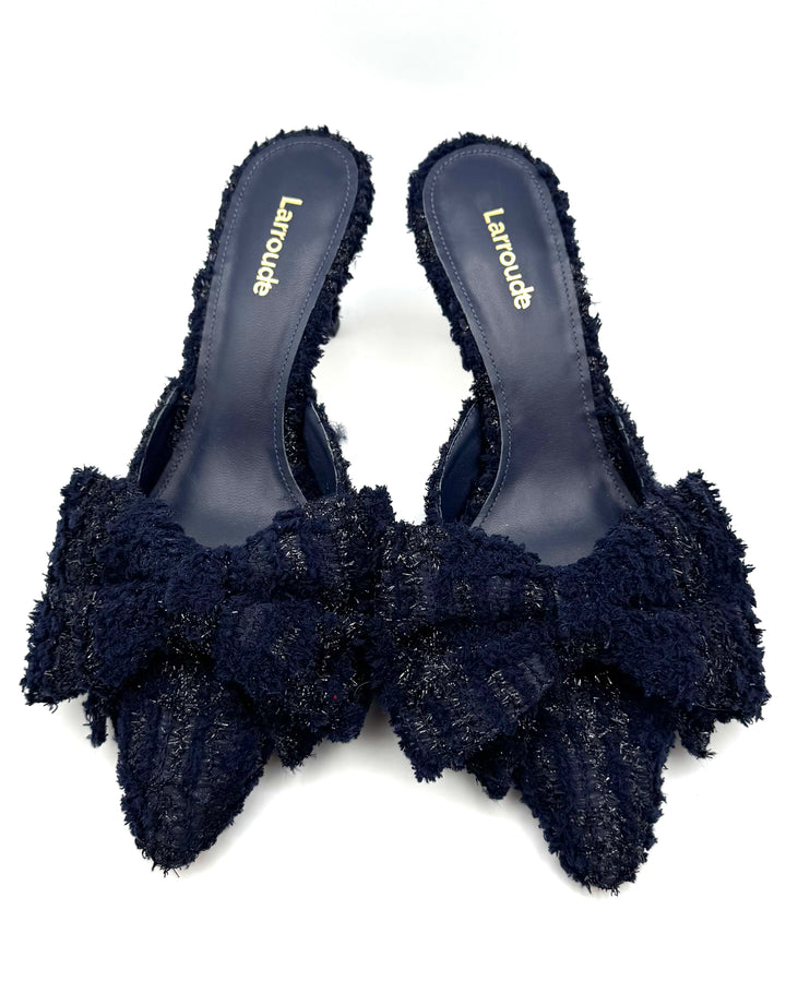 Dark Blue Tweed Bow Kitten Heels - Size 6.5
