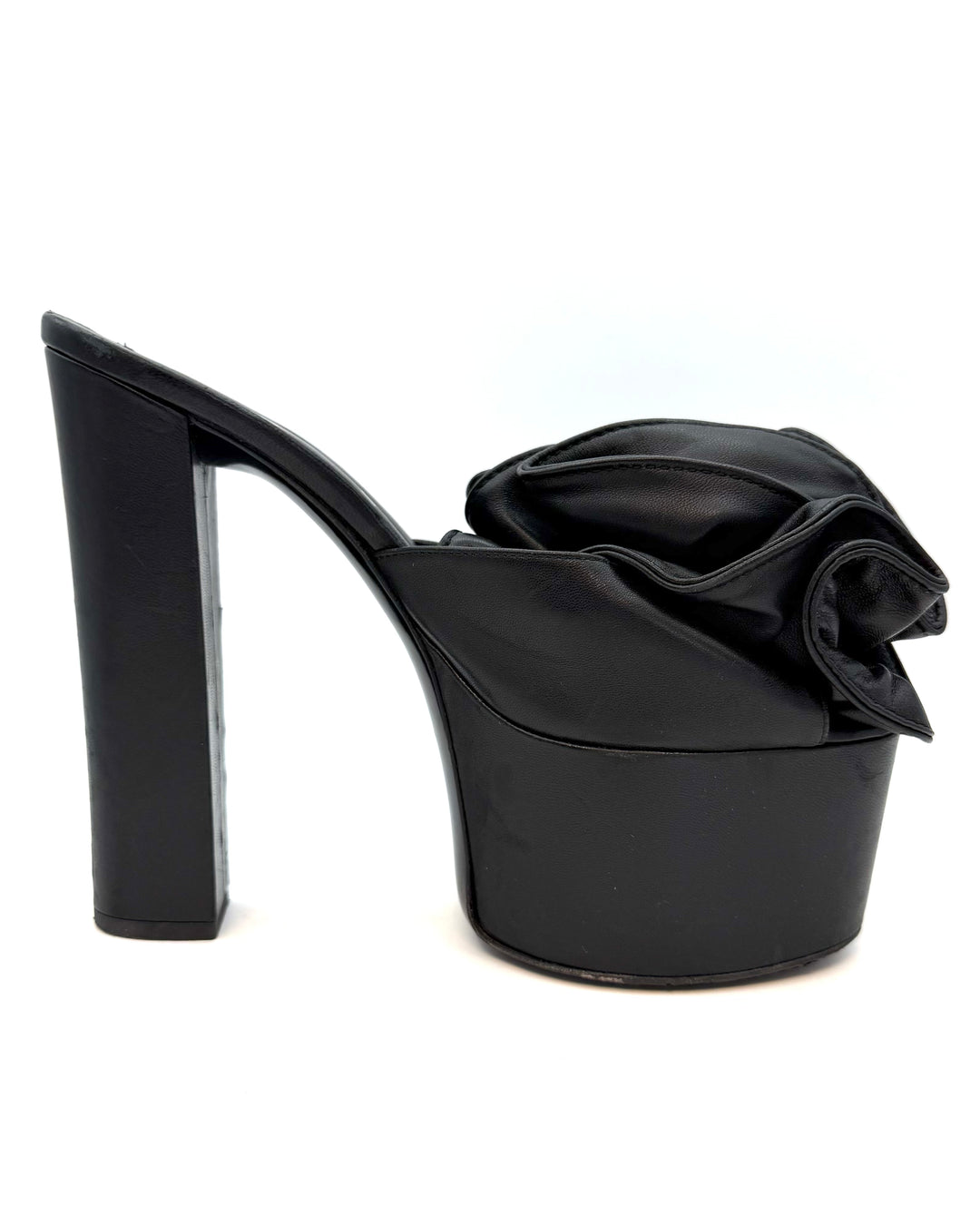 Rich Black Smooth Leather Ruffle Platform Heels - Size 40