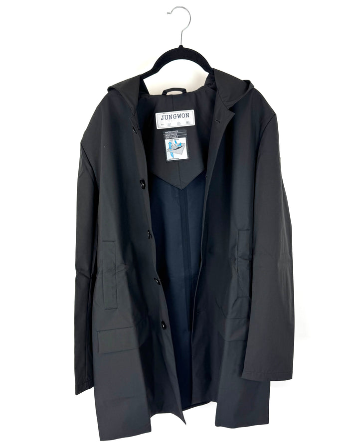 Black Button Down Raincoat With Hood - Size 6-10