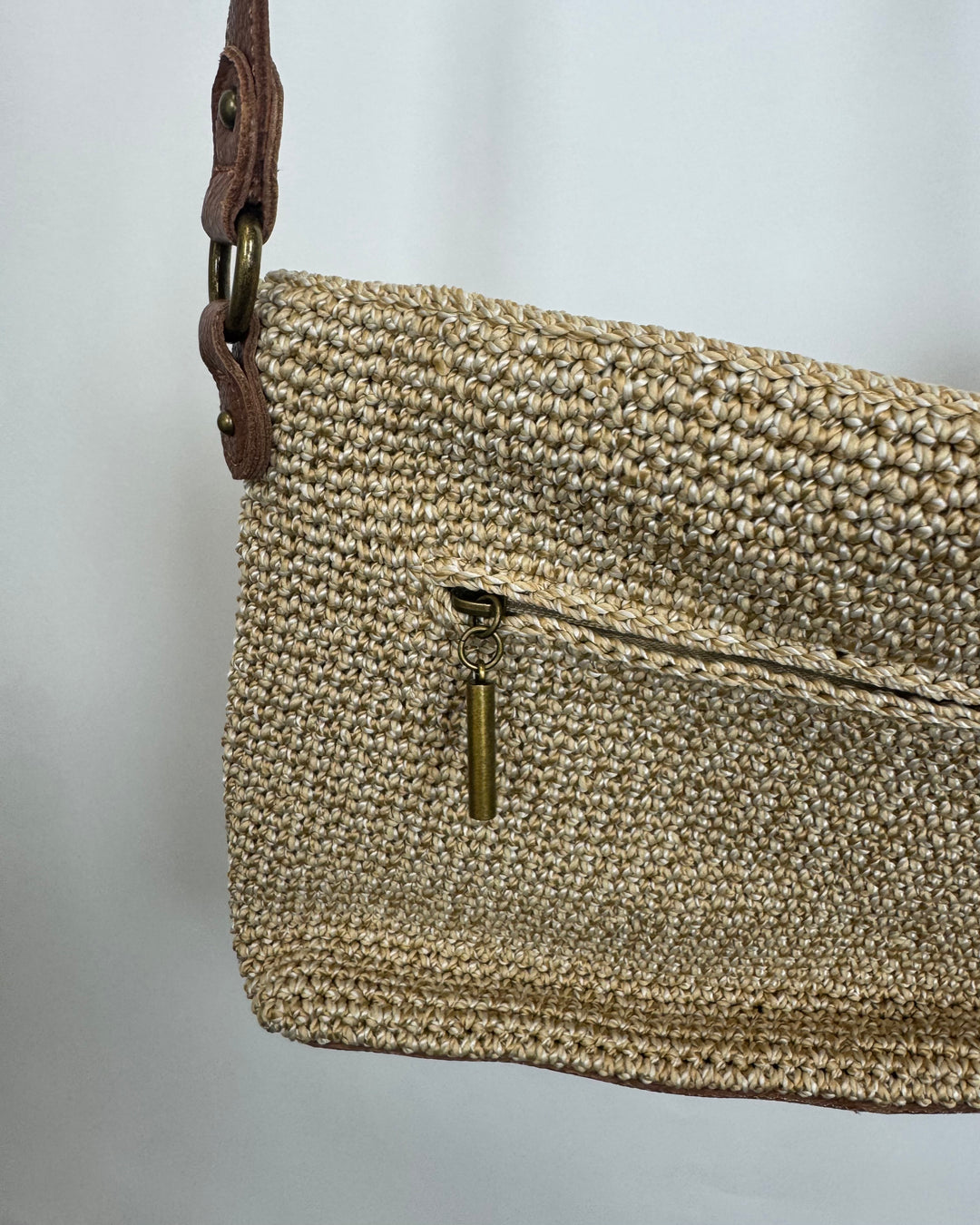 Sandy Tan Crochet & Leather Crossbody Bag