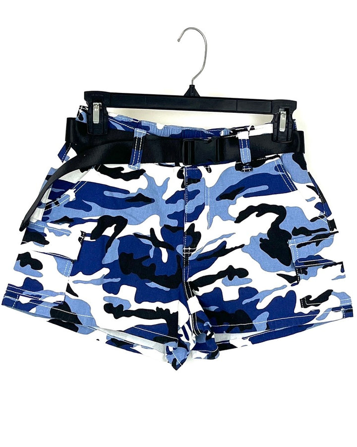 Blue Camo Cargo Shorts With Buckle Belt - Size 2/4