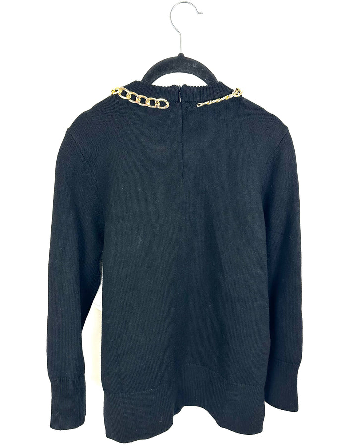 Black Sweater With Gold Chain Neckline - Small