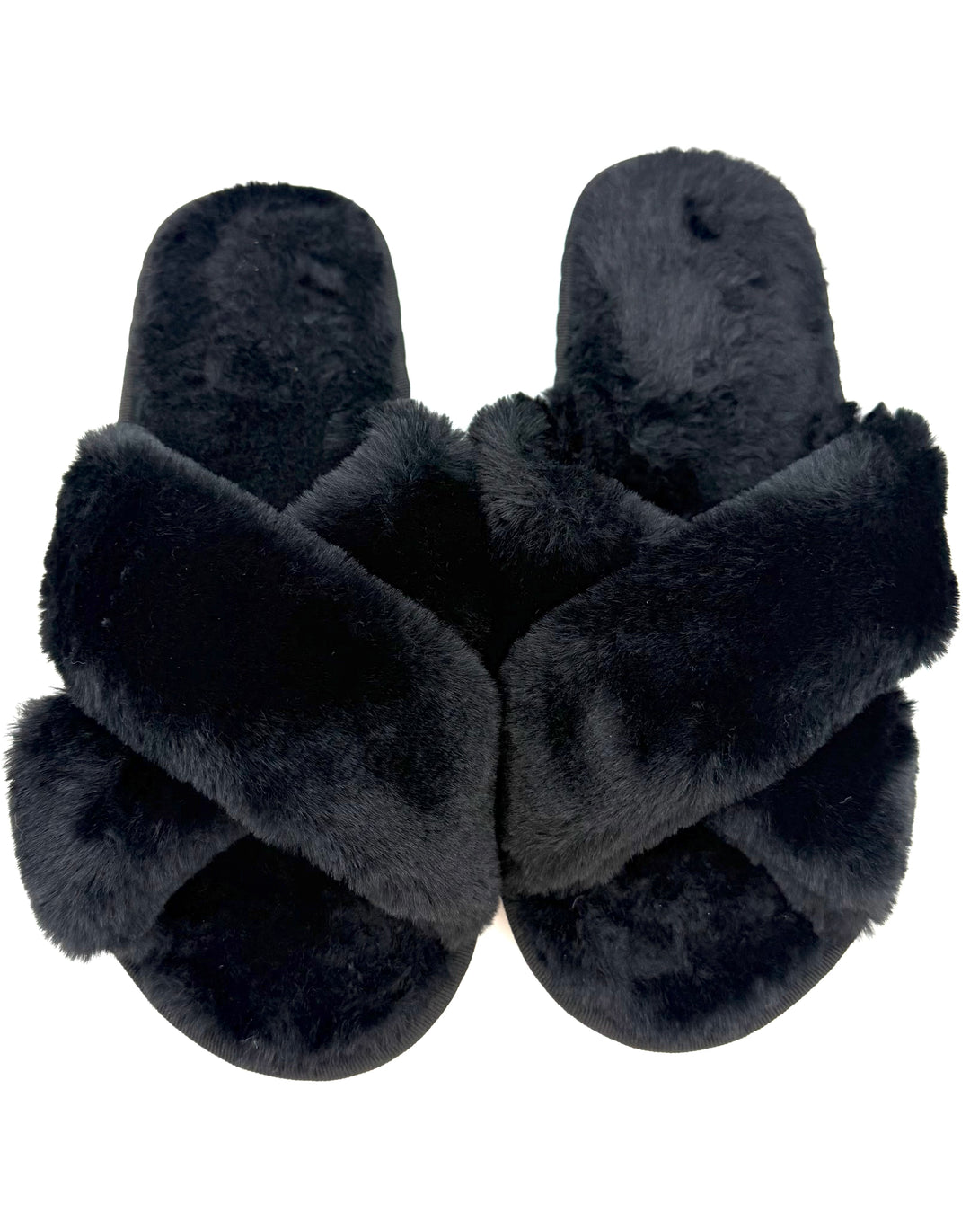 Open Toe Black Plush Slippers - Size 7