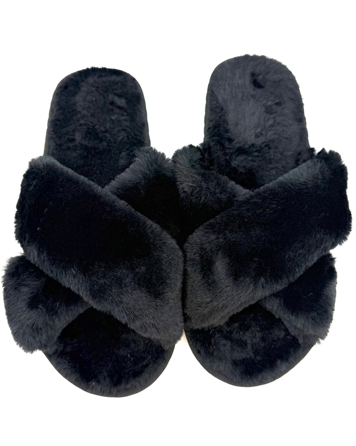 Open Toe Black Plush Slippers - Size 7
