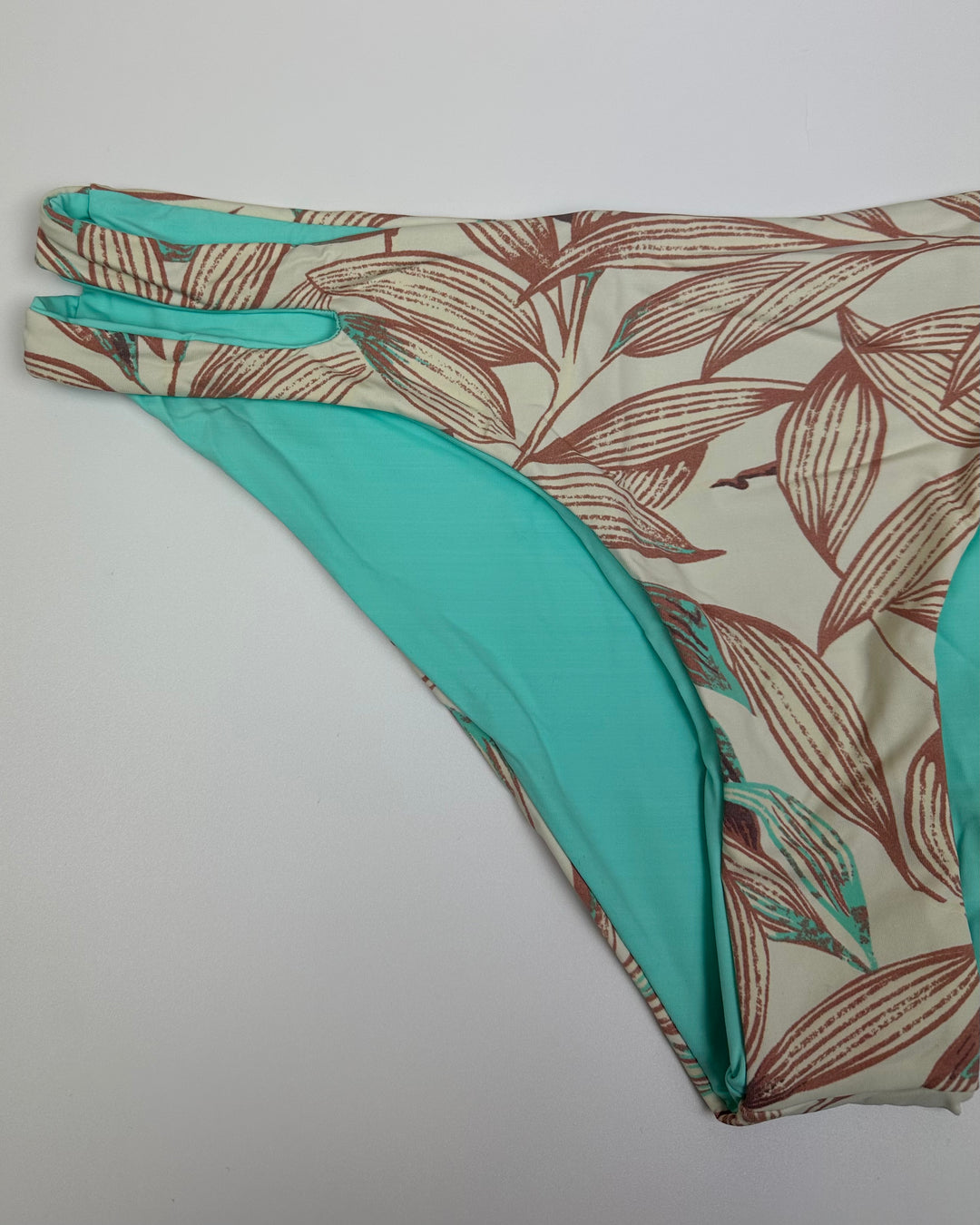 Tan & Light Teal Plant Print Side Cut Out Bikini Bottom - Extra Large
