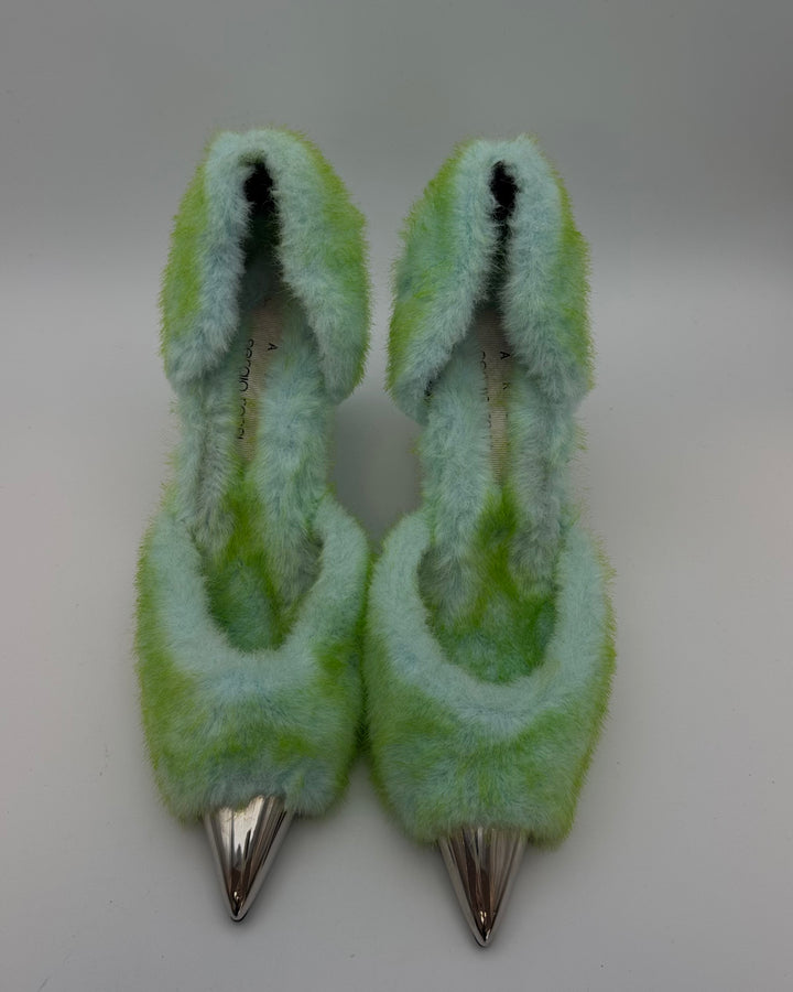 Green and Silver Faux Fur Heels - Size 40