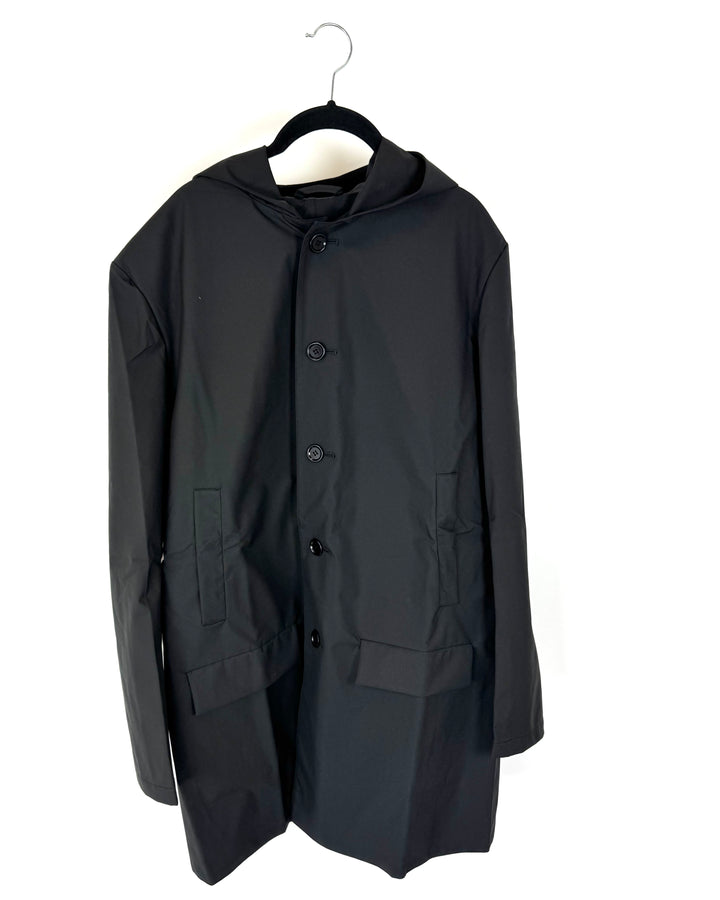 Black Button Down Raincoat With Hood - Size 6-10
