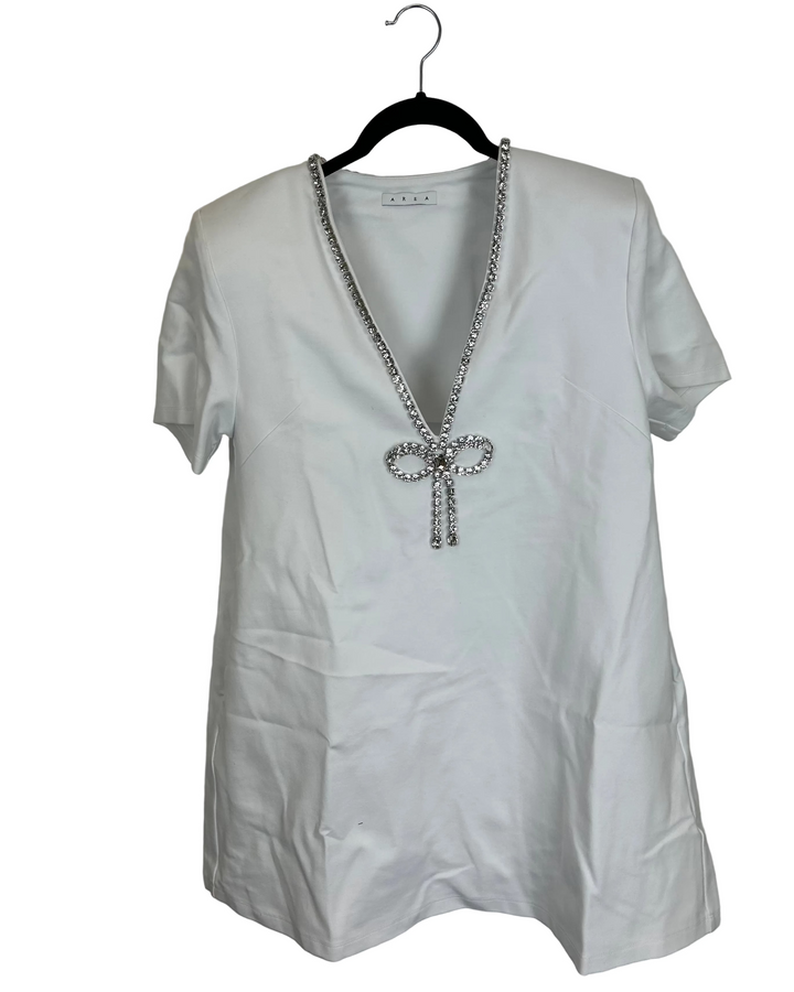 White Gem Stone Bow T-Shirt Dress - Size 8/10 and 10/12