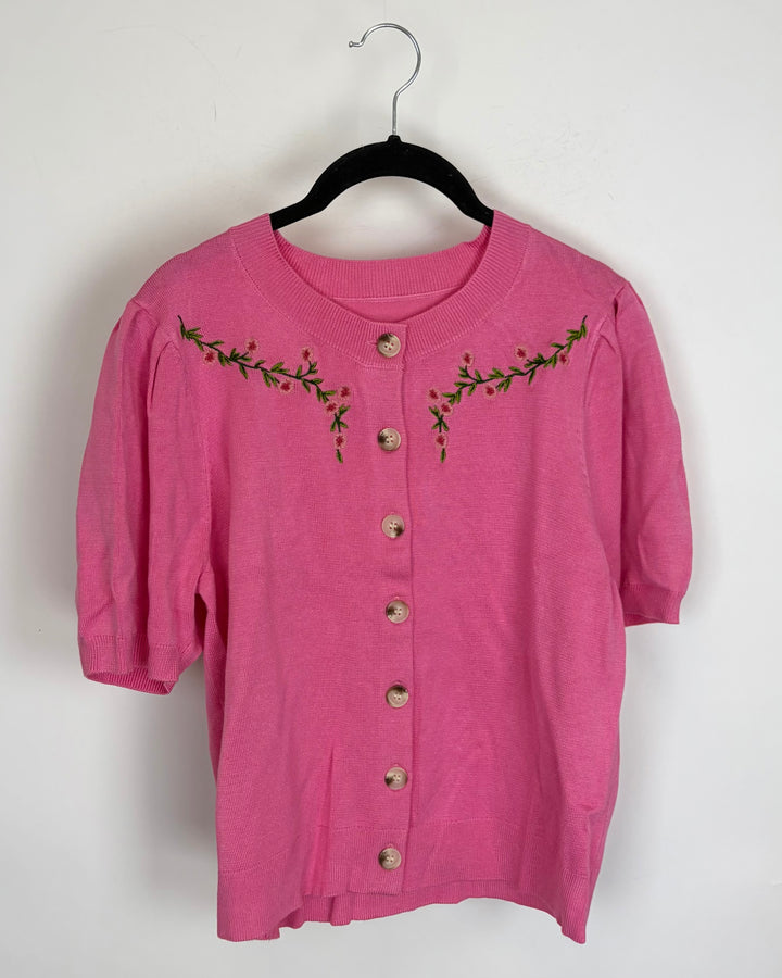 French Rose Floral Button Down Short Sleeve Cardigan - Size 6/8
