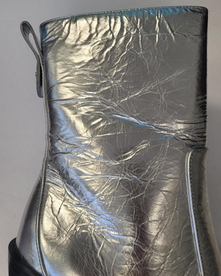 Crinkle Metallic Silver Leather Bootie - Size 8