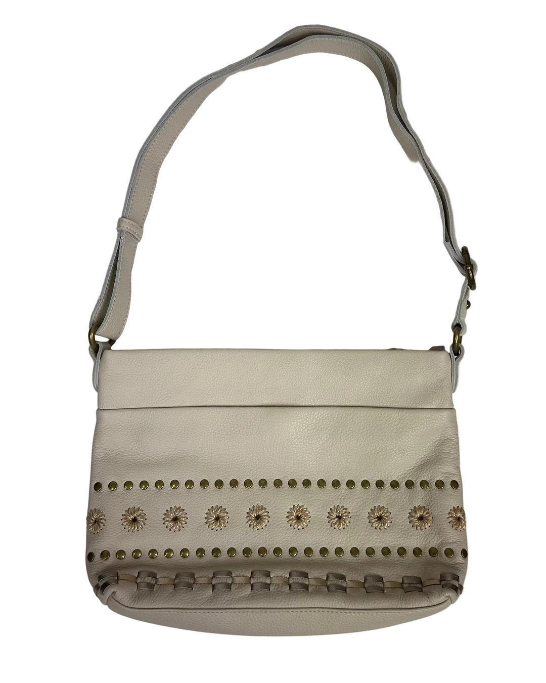 Ecru White Embellished Leather Shoulder Bag