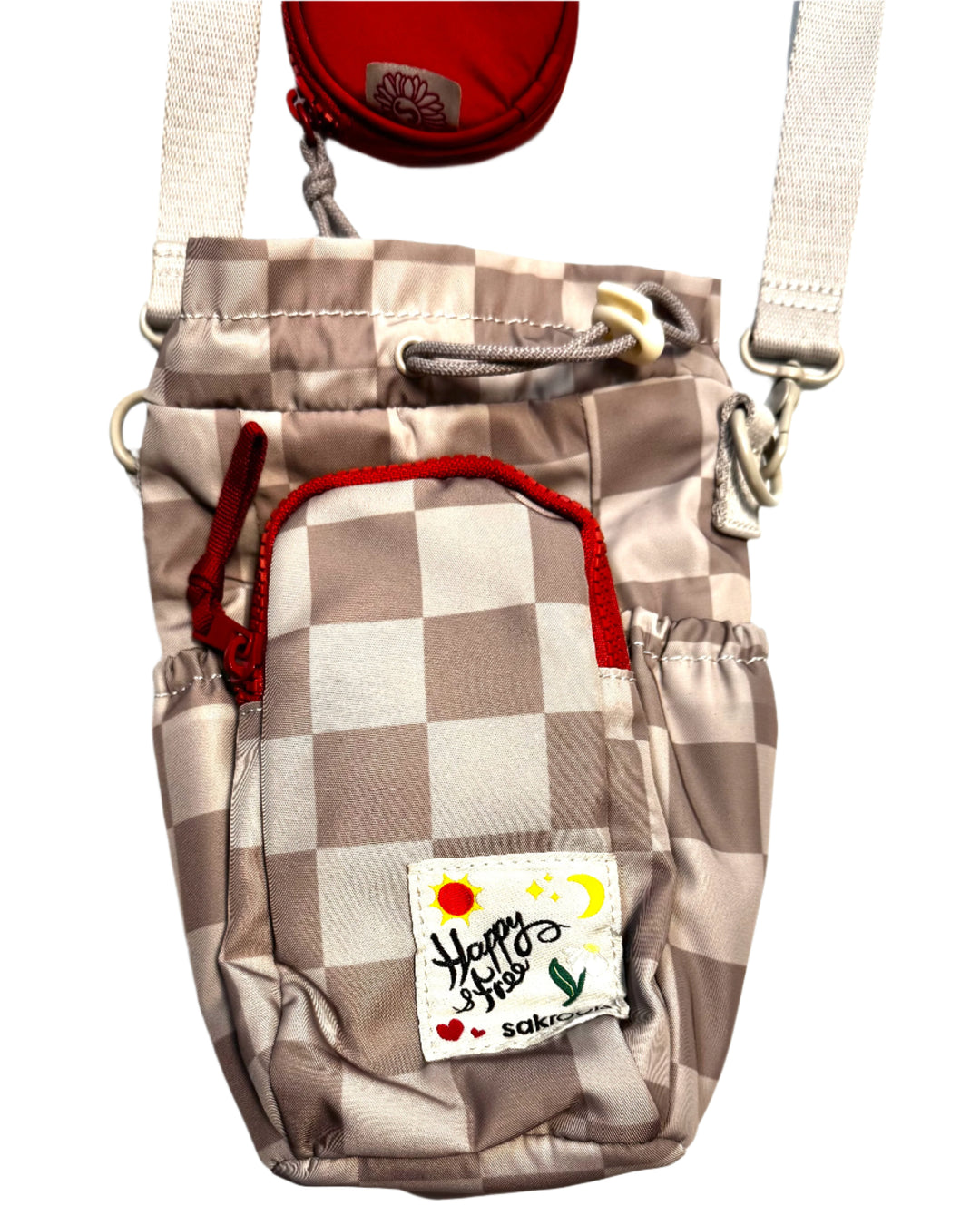 Beige and Ivory Checkerboard Drawstring Bag