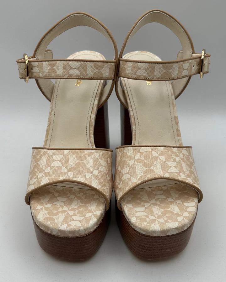 Cream and Brown Printed Heels - Size 9