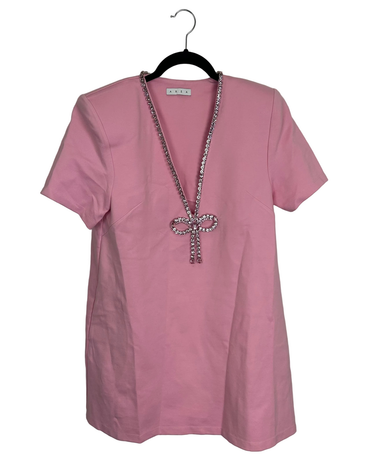 Pink Gem Stone Bow T-Shirt Dress - Size 6/8