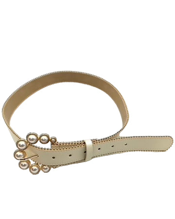 Cream Beaded Belt with Pearl Buckle - Size Medium