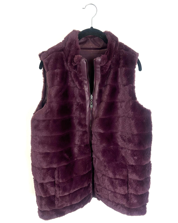 Maroon Reversible Fluffy & Faux Leather Vest - Size 6/8