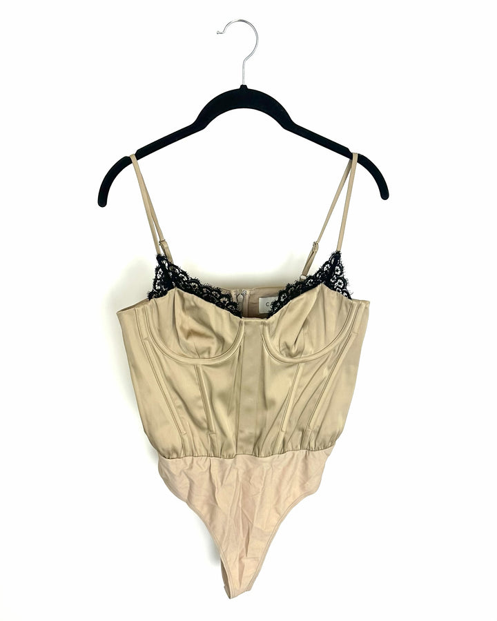 Tan with Black Lace Trim Bodysuit- Size 4