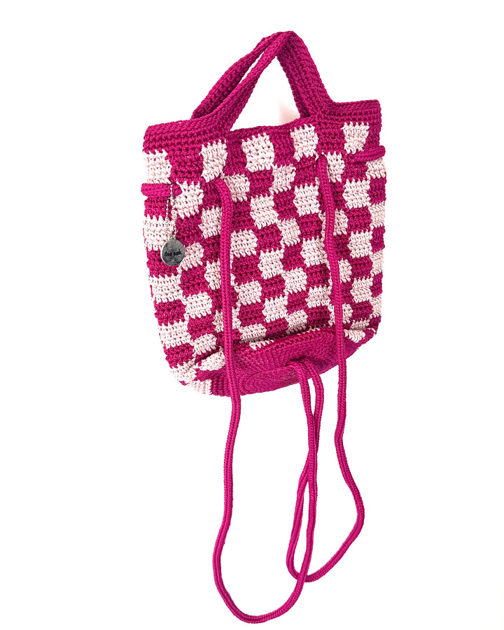 Pink Checkered Print Crochet Convertible Backpack