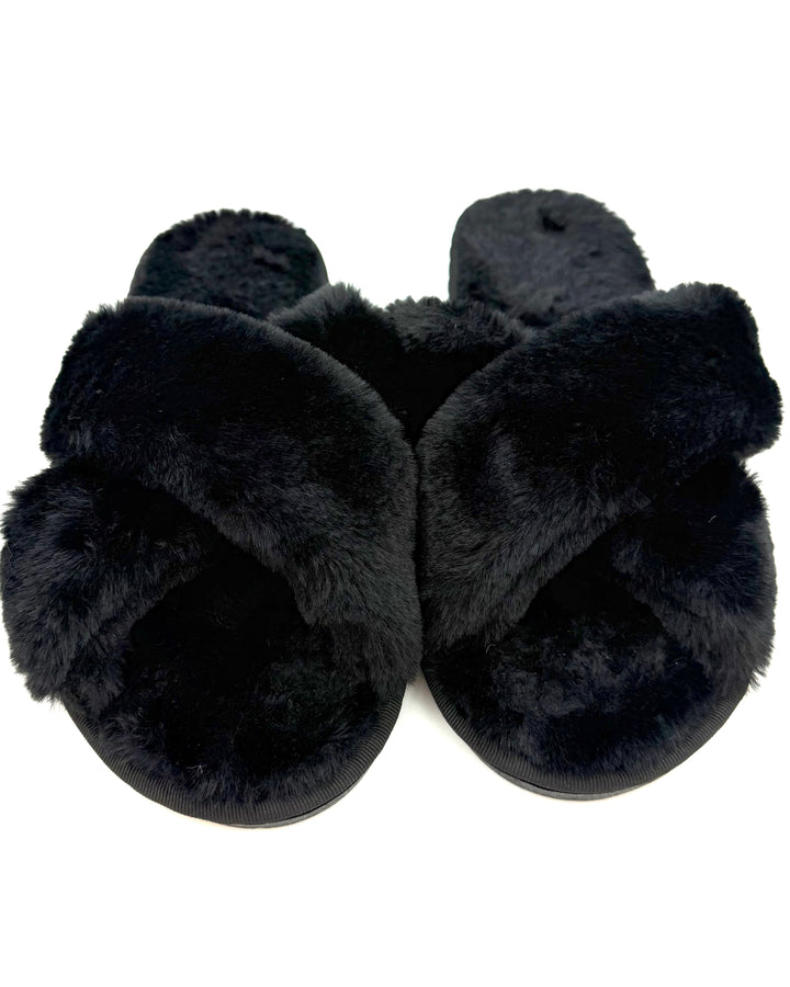 Open Toe Black Plush Slippers - Size 7