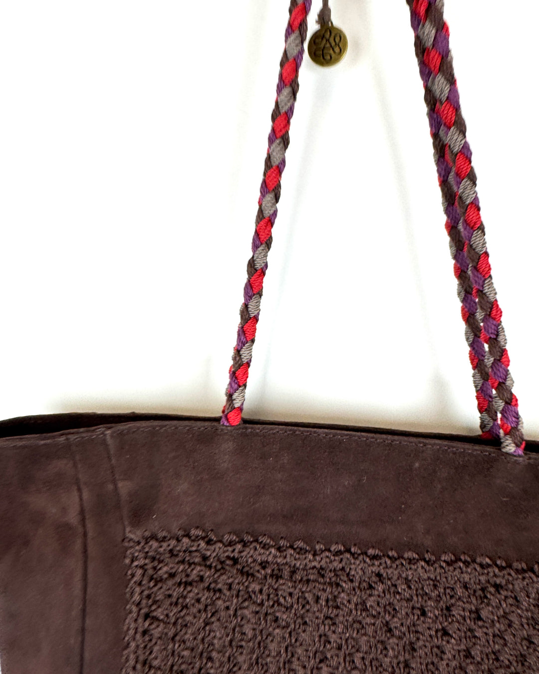 Dark Brown Suede Crochet Tote Bag