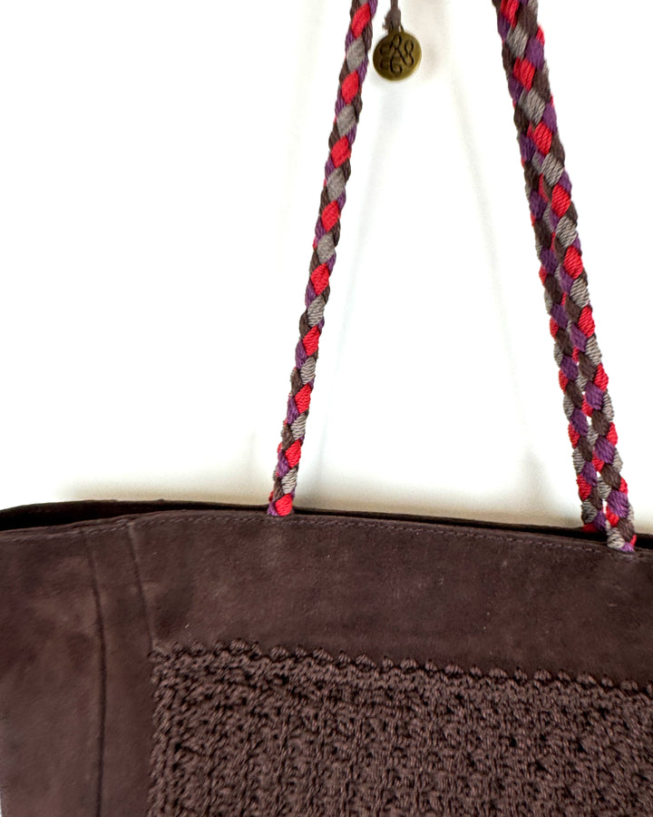 Dark Brown Suede Crochet Tote Bag