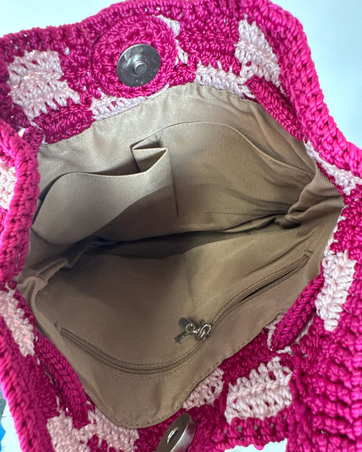 Pink Checkered Print Crochet Convertible Backpack