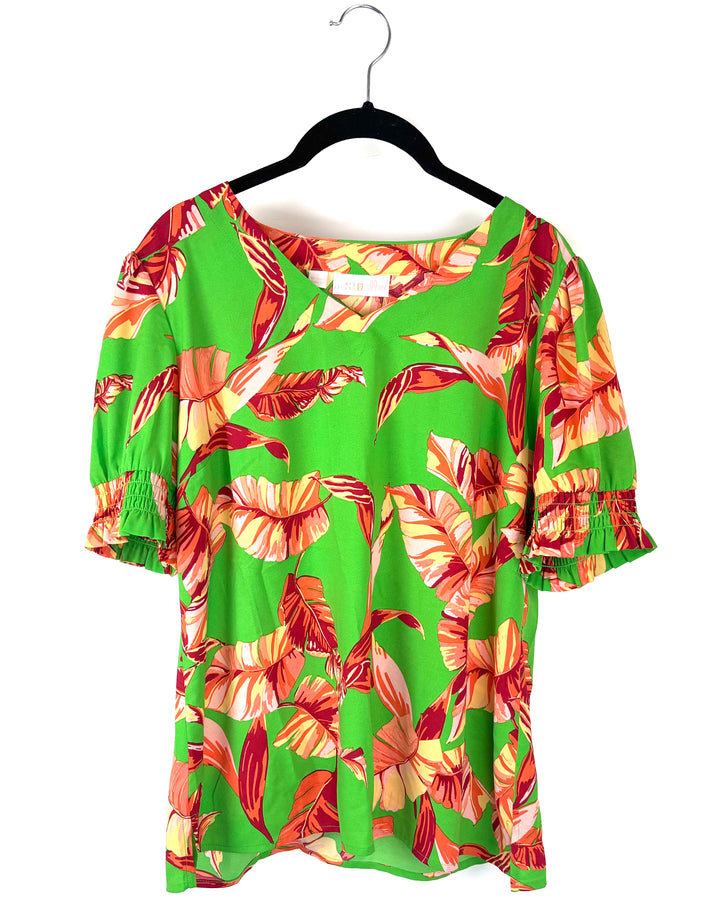 Green Short Sleeve Tropical Print Blouse Top Size - 6/8
