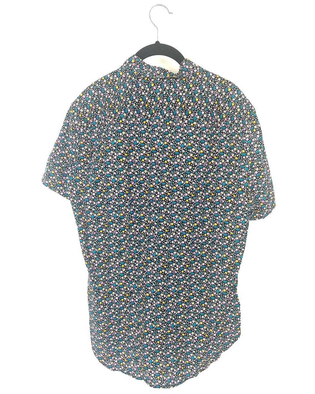 MENS Black Button-Up with Colorful Flower Pattern - Medium