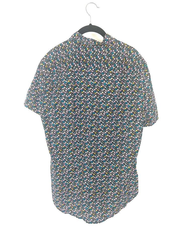 MENS Black Button-Up with Colorful Flower Pattern - Medium