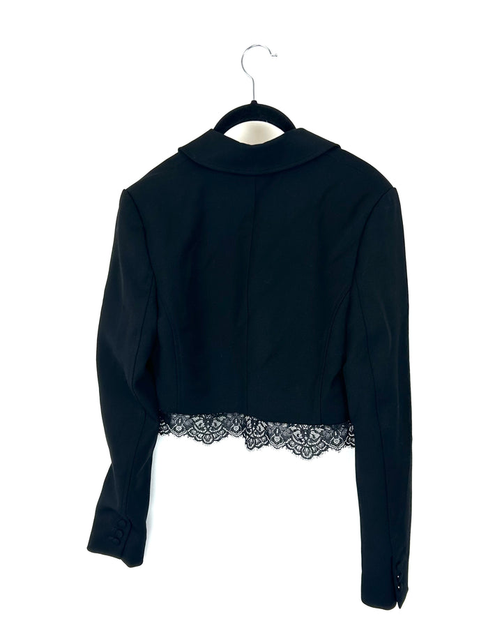 Cropped Black Lace Trim Blazer - Small