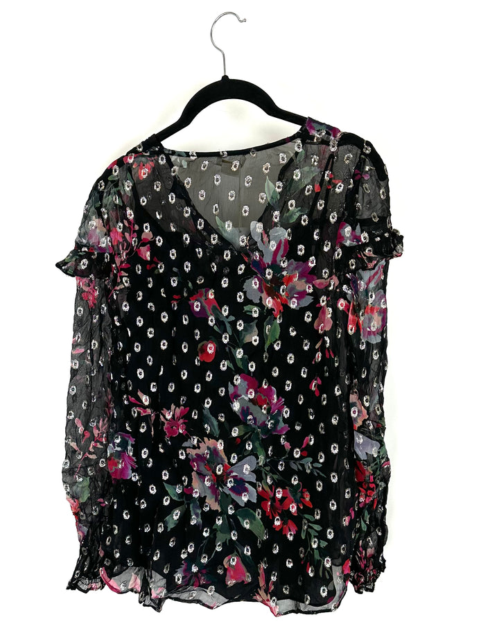 Black Sheer Floral Blouse Top - Size 4/6