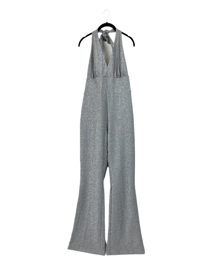 Shimmering Silver Metallic Halter Neck Jumpsuit - Medium and Extra Large
