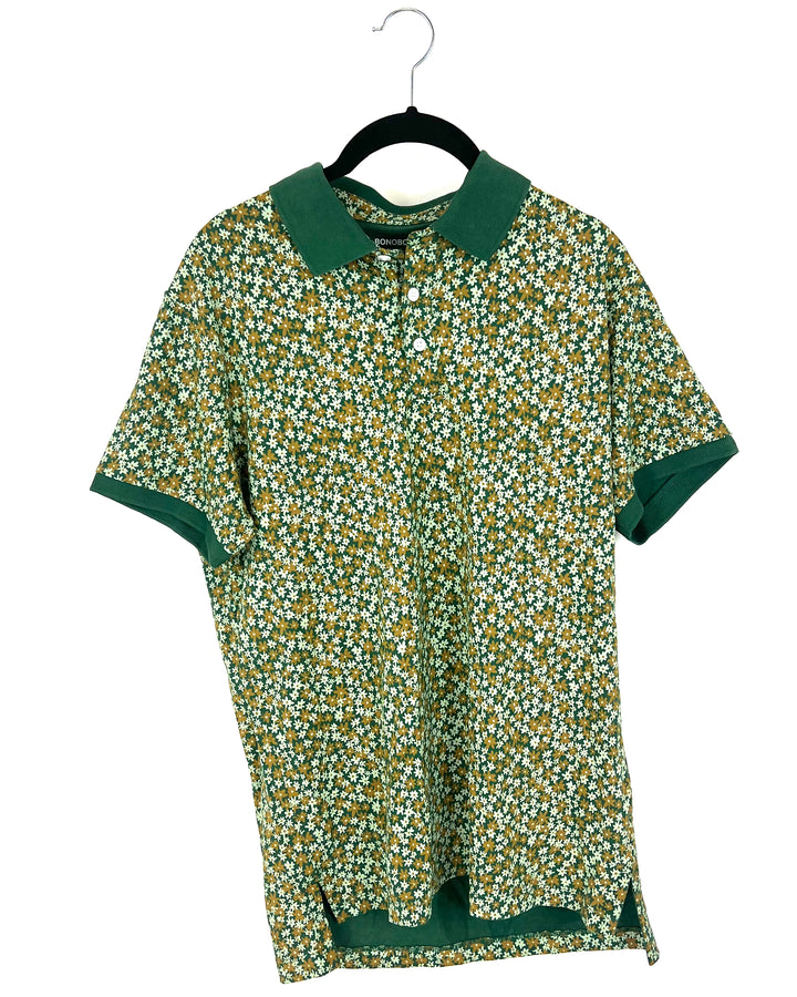 MENS Forest Green and Marigold Flower Collared Shirt - Medium