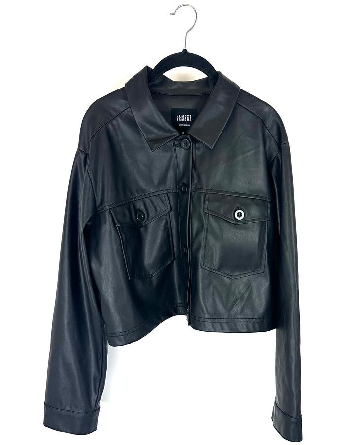 Black Faux Leather Cropped Jacket - Size 4/6