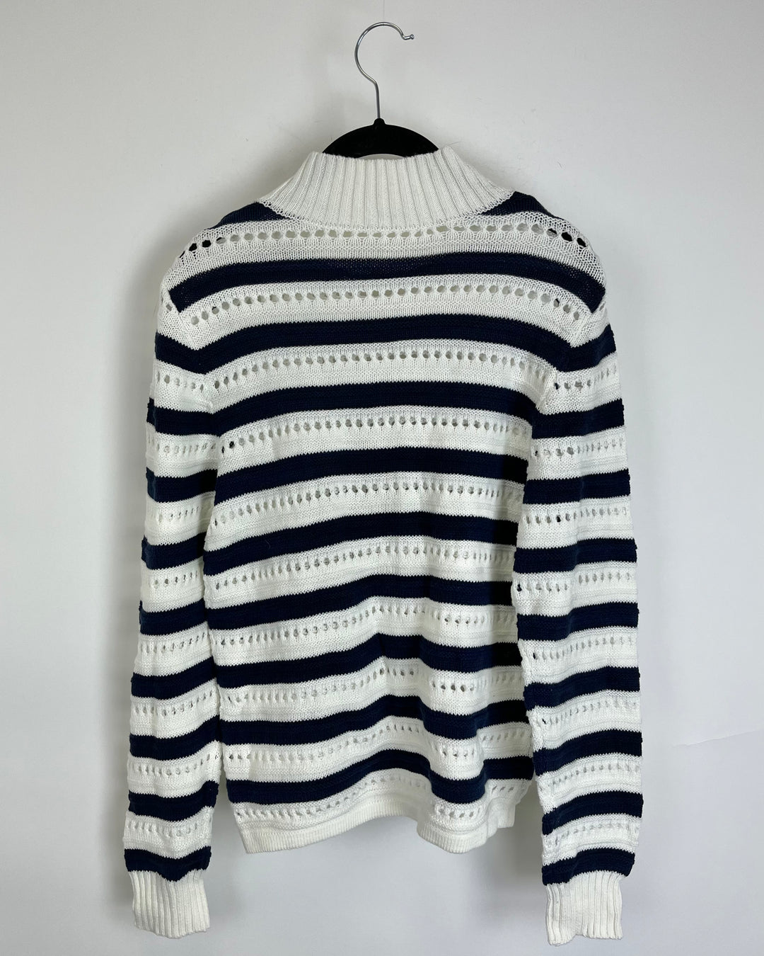 White and Navy Striped Mock Neck Sweater - 2/4