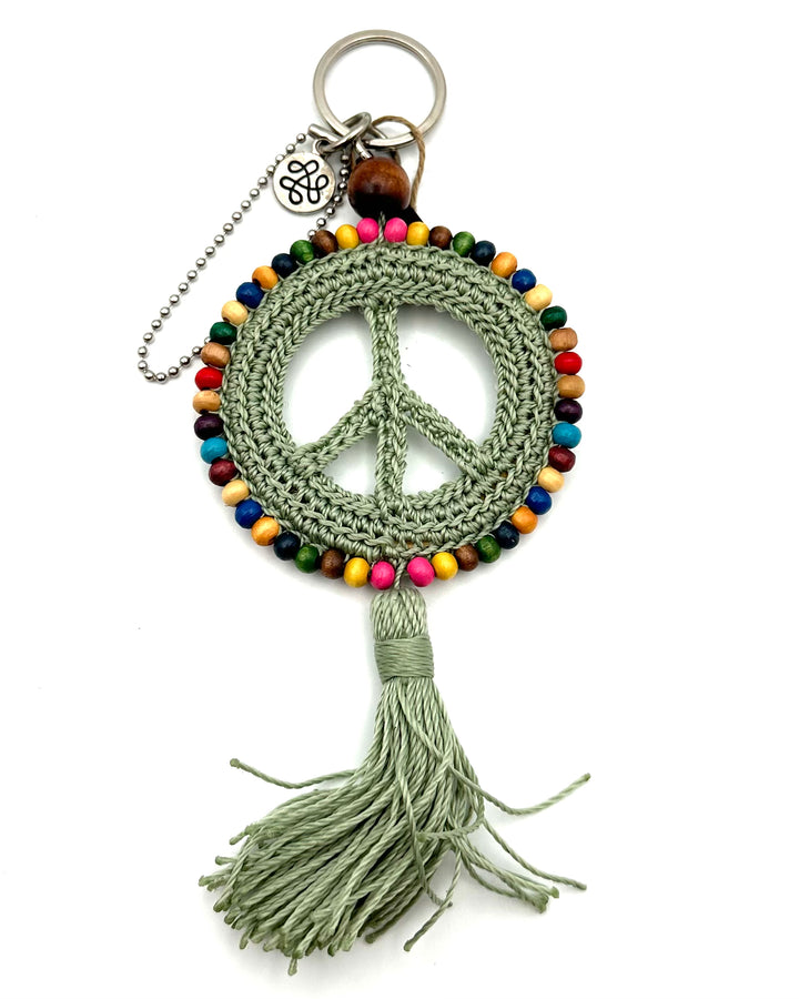 Green crochet peace tassel keychain