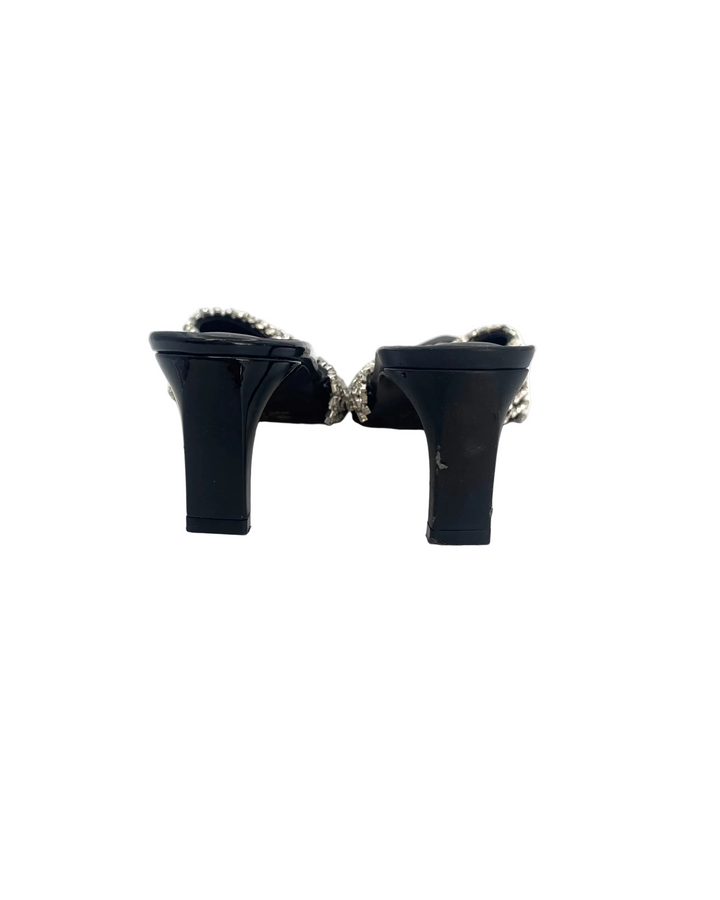 Black Satin Rhinestone Overlay Kitten Heels - Size 39