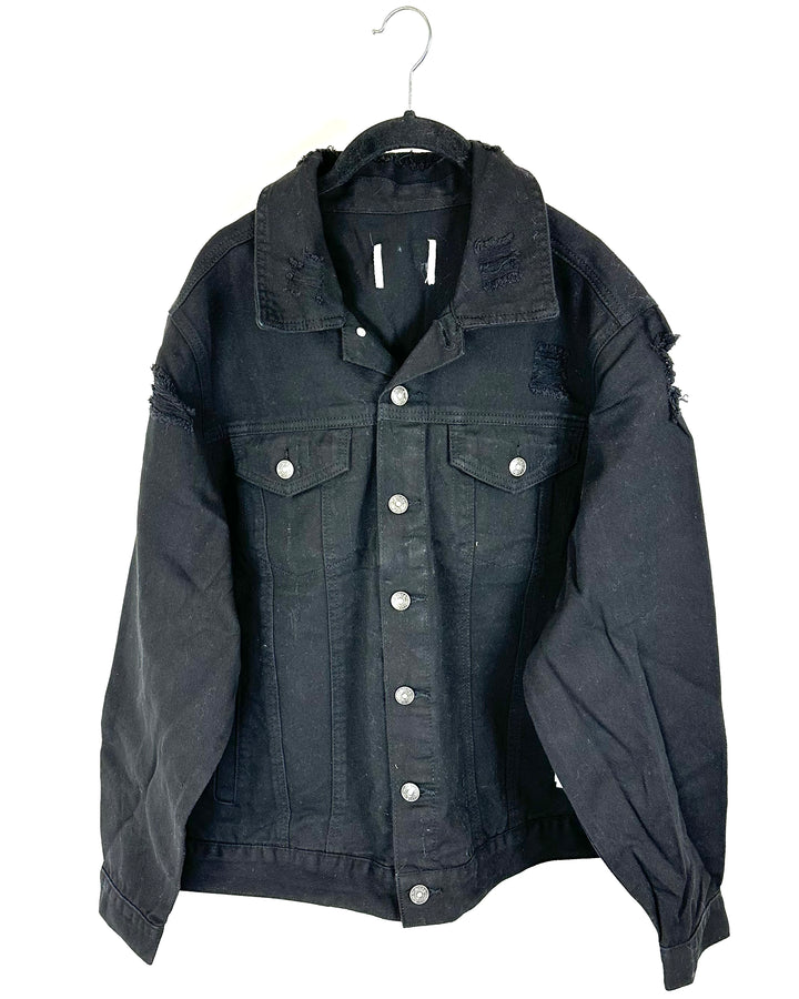 Black Slightly Distressed Denim Jacket - 2X