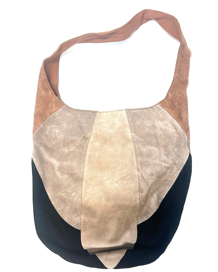 Beige and Black Color Block Suede Bucket Bag