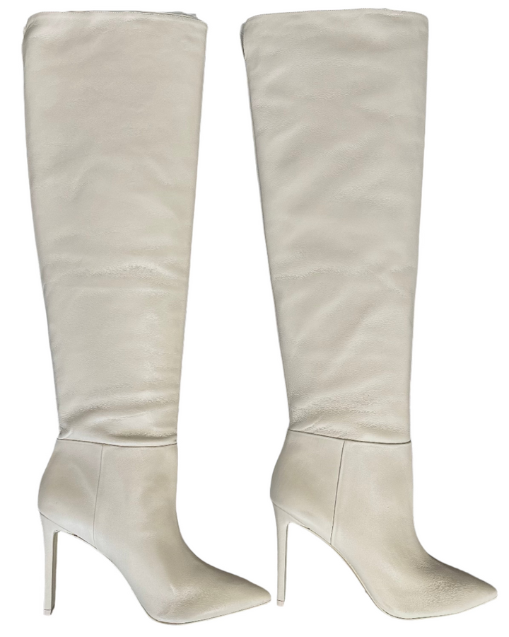 Cream Ultra Tall Leather Pointed Toe Boots - Size 8.5 and 9