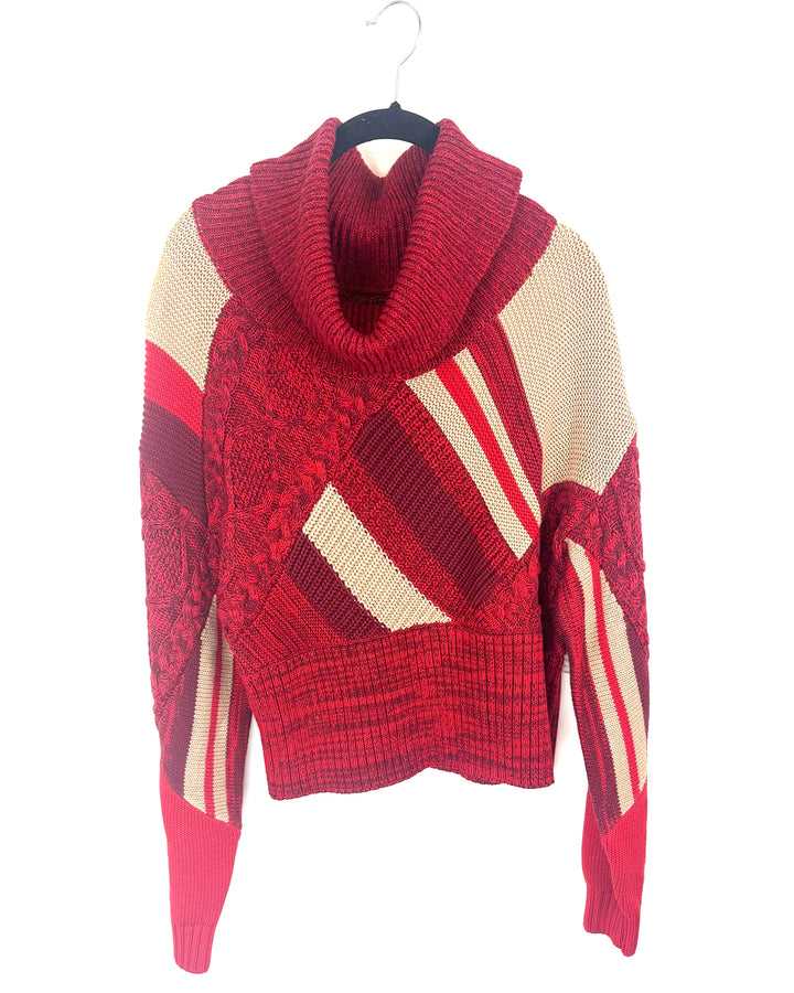 Red And Tan Cropped Turtle Neck Sweater - Small
