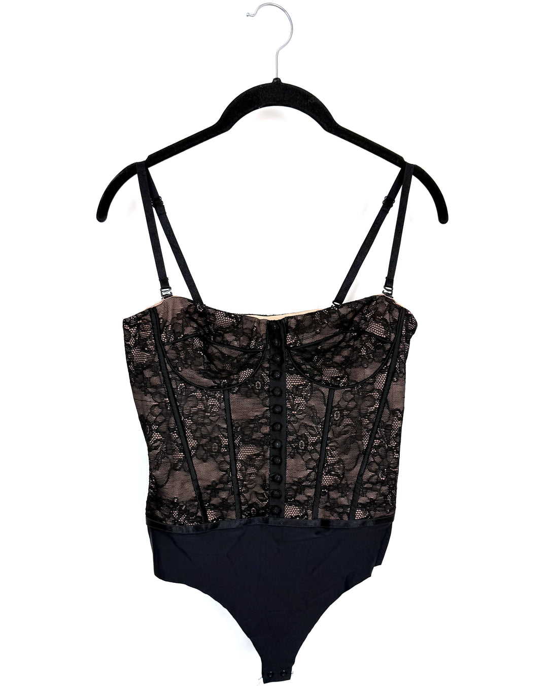 Black & Nude Button Corset Lace Bodysuit - Size 0/2