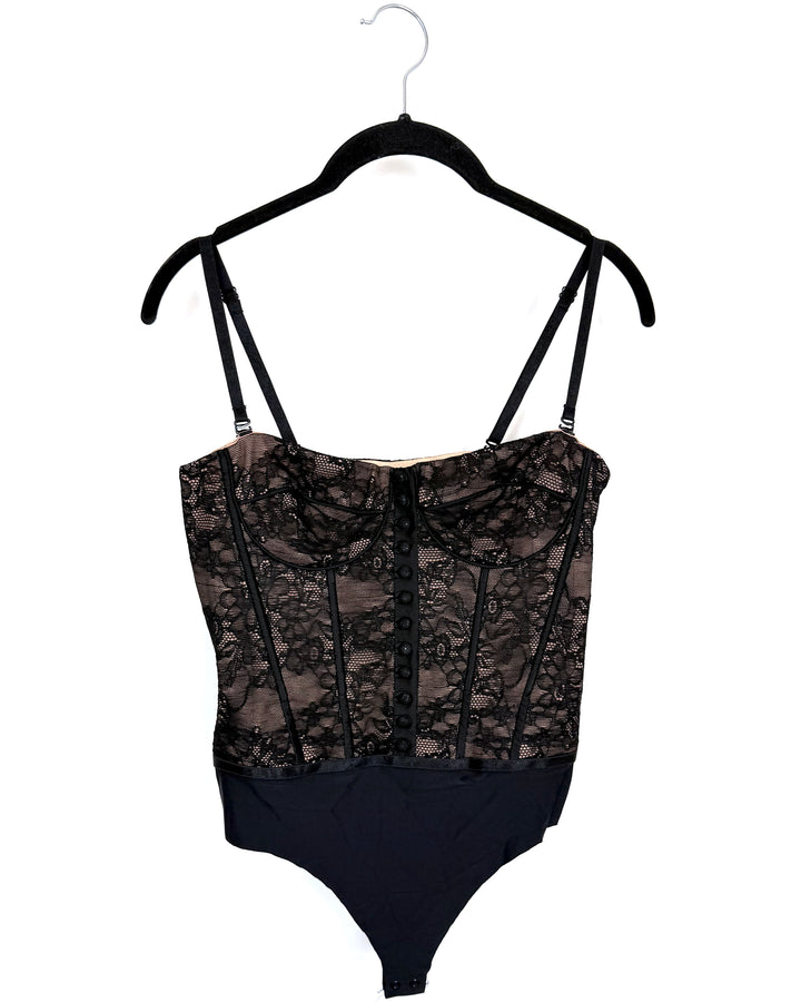 Black & Nude Button Corset Lace Bodysuit - Size 0/2