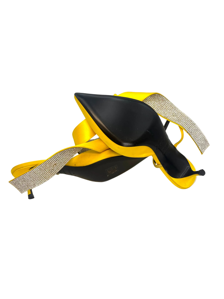 Bright Yellow Rhinestone Bow Kitten Heels - Size 38