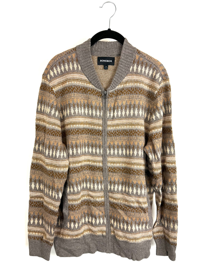 Gray & Brown Zip Up Knit Jacket - Mens Medium / Womens Large