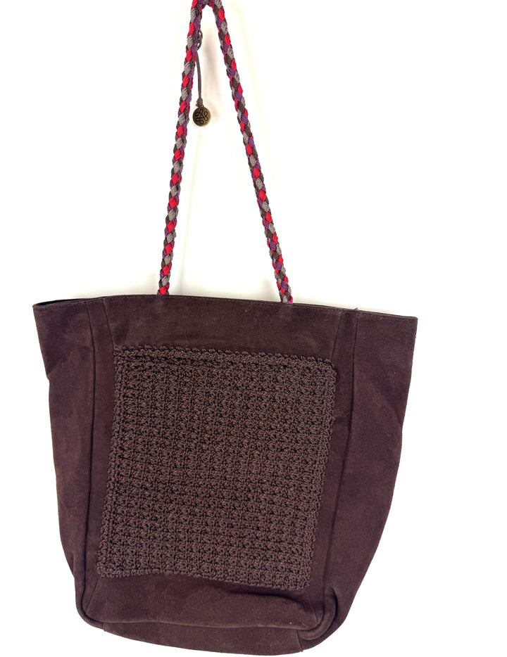 Dark Brown Suede Crochet Tote Bag