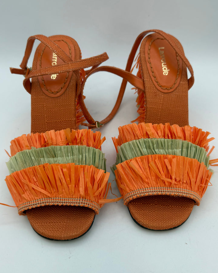 Orange Straw Fringe Wedge Sandal - Size 6.5