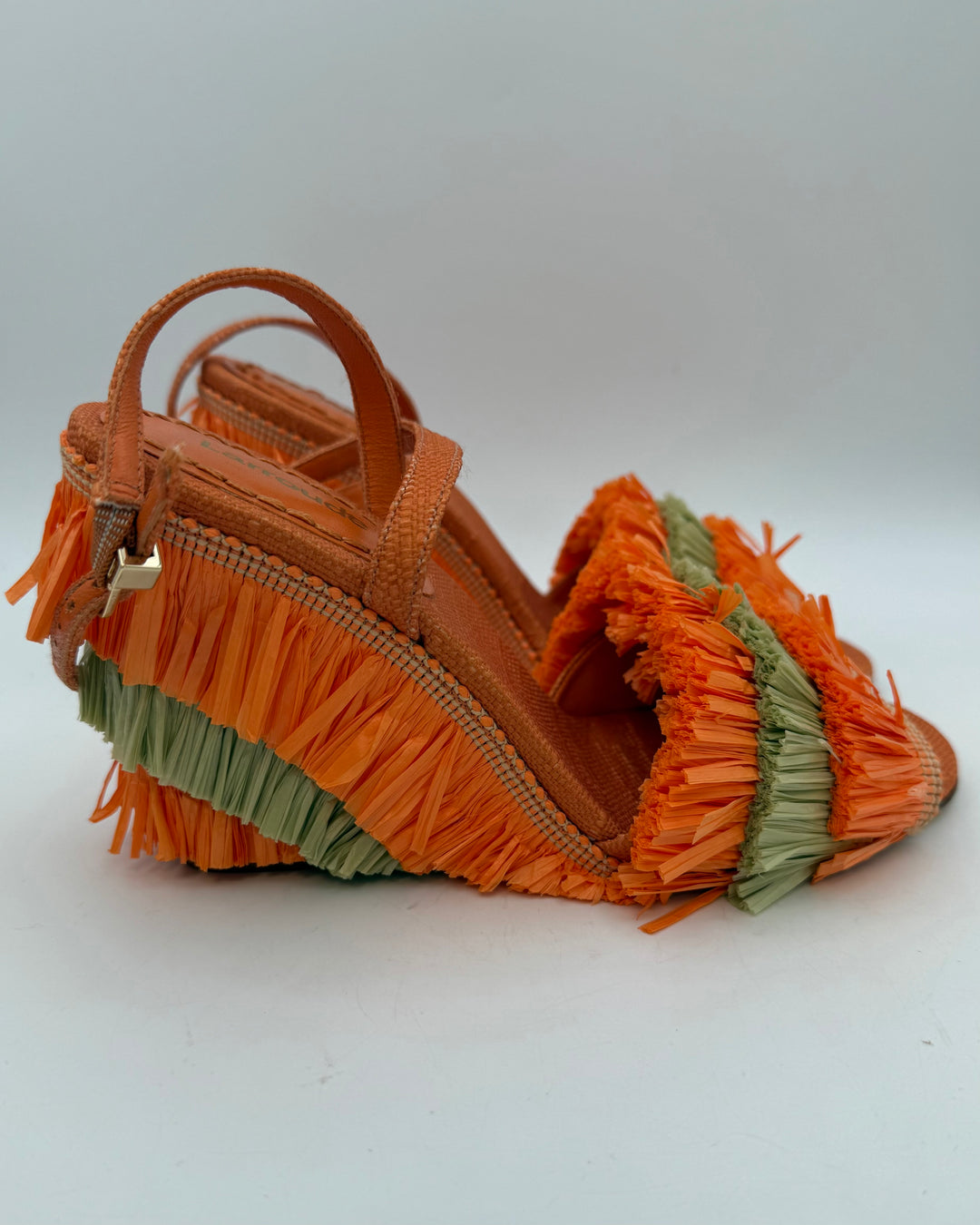Orange Straw Fringe Wedge Sandal - Size 6.5